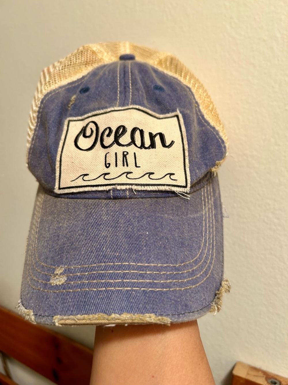 Ocean Girl Distressed Blue and Tan Trucker Hat